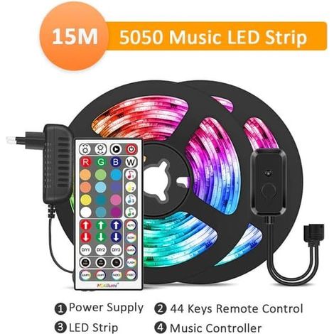 Ecleanfy - Boucle LED RGB 15 m, bande LED RGB5050 multicolore synchronisée avec la musique (1/5)