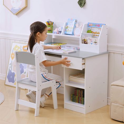Bureau enfant avec chaise ergonomique avec clavier coulissant tiroir niches et étagères ouvertes 90 x 45 x 90 cm gris (1/5)