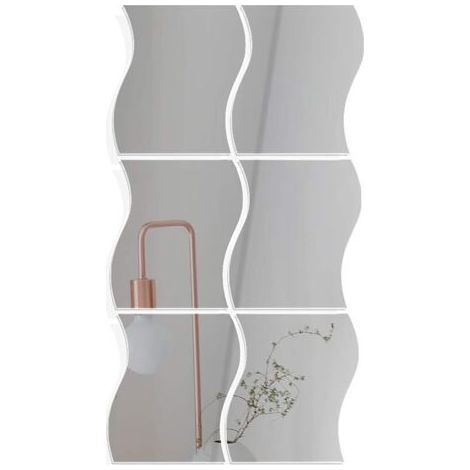 6pcs Mirror Wall Sticker Silver Adhesive Wall Mirror Wave Shape DIY Decal Style Mirror for Home Office Bedroom Decoration -14 19cm (1/5)