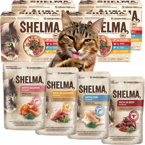 SHELMA CIBO UMIDO PER GATTI: SALMONE, MERLUZZO, MANZO, FILETTI DI POLLO, 48X85G