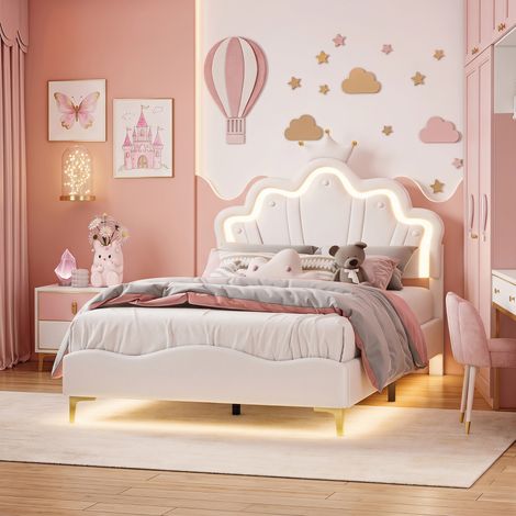 Lit enfant rembourré 140x190 avec LED,lit simple pour fille,avec tête de lit princesse couronne et sommier à lattes,PU blanc