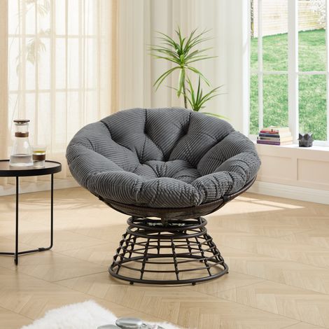 Sedia girevole 360° con cuscino imbottito in velluto a coste, struttura in acciaio e rattan PE, stile moderno, grigio (1/5)