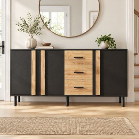 Credenza 140x35x70 cm in MDF nero e finitura legno, 3 ante e 3 cassetti - MEUBLIV (1/5)