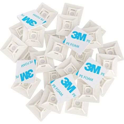 100 Pièces Embases Adhesive pour Attache de Cable, 28mm x 28 mm, Blanc, Serre-Câbles Auto Adhésif, Support de Serre Câble Plastique, Embase pour Collier de Serrage
