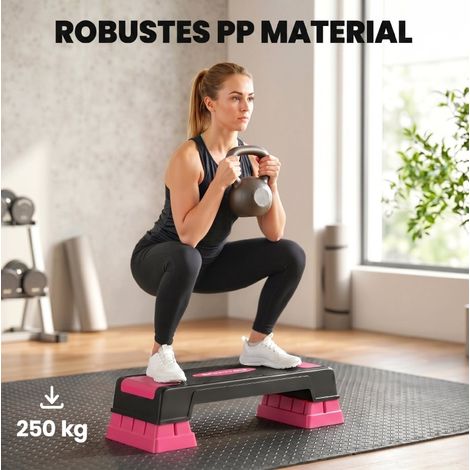 Step Aerobic réglable en hauteur avec 3 niveaux (12/17,5/22,5 cm) avec surface antidérapante noire et rose (1/5)