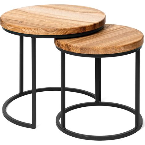 LAMO Manufaktur Table basse gigogne en bois rond - lot de 2 pièces - Table d'appoint bout de canapé pour salon, chambre à coucher - Tables basses industrielles - Couleur : foncé, pieds : noir (1/5)