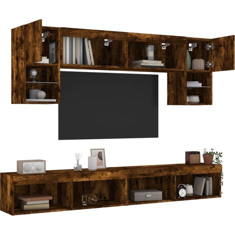 vidaXL Mobili TV a Muro con LED 6pz Rovere Fumo in Legno Multistrato (1/5)