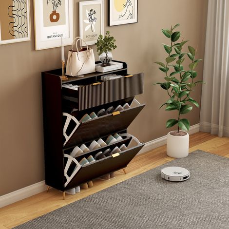 Meuble à chaussures, 80 x 23 x 110 cm, meuble de rangement, 2 tiroirs + 2 portes à abattant, étagères réglables, design peu encombrant, meuble d'entrée, matériau PB, noir (1/5)