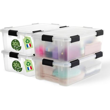 Boite Rangement Hermétique Plastique, 30L, Lot de 4, Transparent, Couvercle, Joint Etanche, Clips de Fermeture, Empilable, pour Exterieur, Garage, Vetement, Anti Poussiere, WSB-30 (1/5)