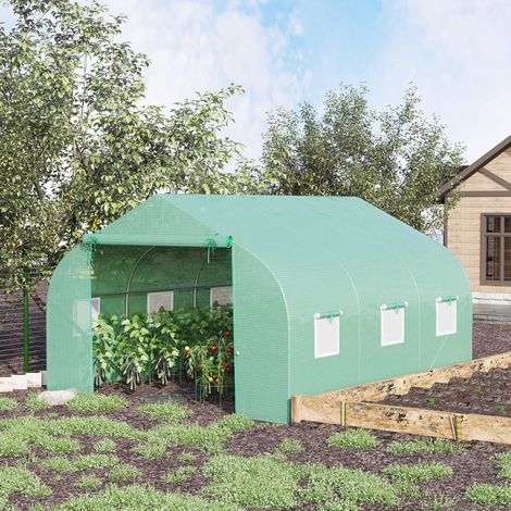 Serra da giardino 350x300x200 cm, con porte a rullo e finestre arrotolabili, struttura in ferro, verde scuro (1/5)