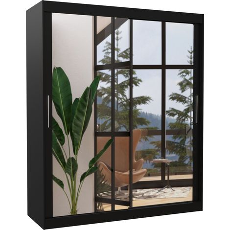 Armoire de chambre noir 2 portes coulissantes avec miroir Toraz 180cm (1/5)