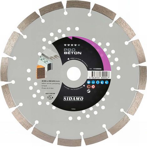 Sidamo – Disque diamant pour meuleuse Ø230 mm – Alésage 22,23 mm – Hauteur de segments 10 mm – Coupe béton armé – Longévité accrue