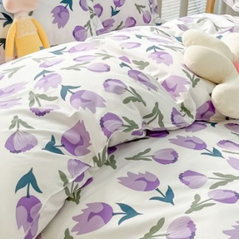 Ensemble de literie trois ou quatre pièces en tissu brossé épais, drap-housse et housse de couette simples pour lit simple automne-hiver, literie fraîche et élégante, motif floral violet éternel, lit (1/5)