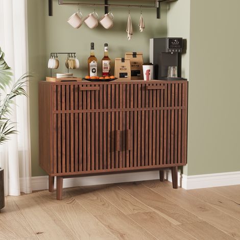 100x35x80 cm Buffet en bois noyer avec 2 tiroirs, 2 portes coulissantes et pieds en bois, adapté au salon, salle à (1/5)