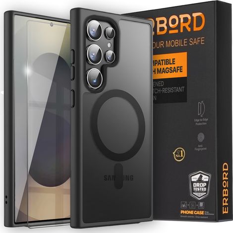 Funda para Samsung Galaxy S25 Ultra, compatible con MagSafe, funda mate Erbord, color negro + protector de pantalla de cristal.