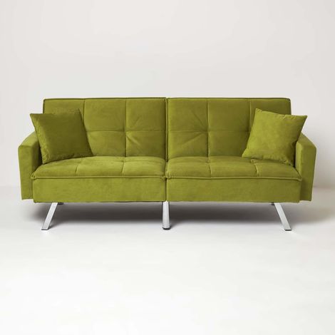 HOMESCAPES Monty Velvet Sofa Bed, Olive Green