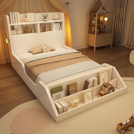 CHICFURN Letto singolo per bambini 90x200 cm bianco con mensola, luci notturne (1/5)