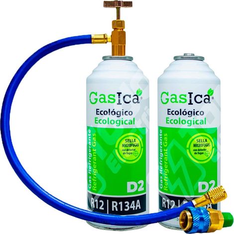 Pack (2x226Gr) Botellas Refrigerante Ecológico Gasica D2 sustituto R12,R134A más manguera con llave Conector rápido