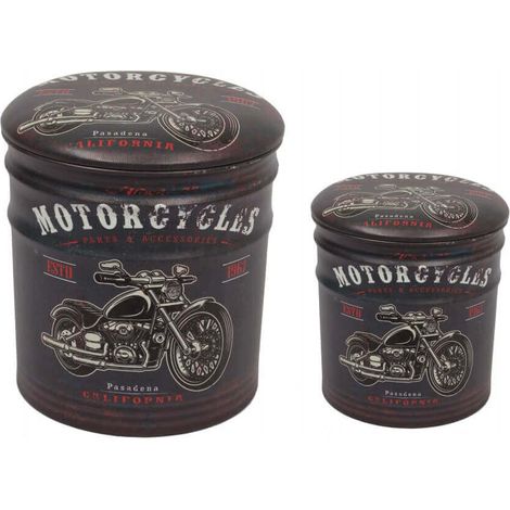 Set 2 pouf contenitori da interno rivestiti in ecopelle con seduta imbottita e grafica moto Linera Industrial -  Blue (1/5)