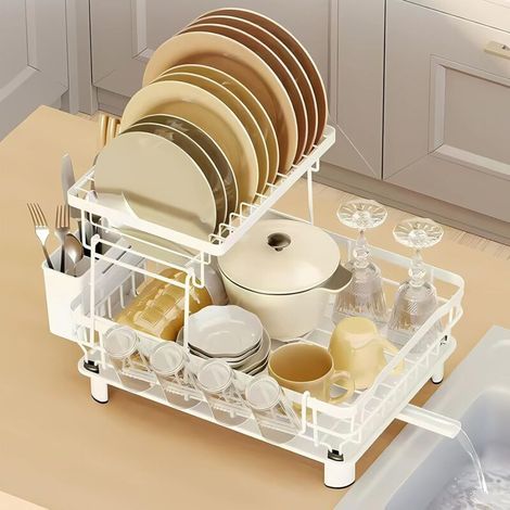 Coocheer – 2-Tier Stainless Steel Dish Drainer – Dimensions 43x33x33cm – Rustproof with Cutlery Holder and Cup Holder (1/5)