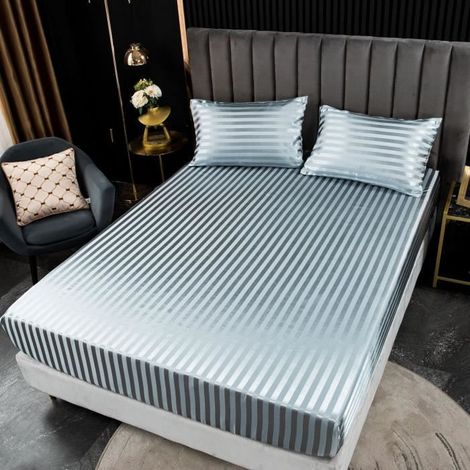 Drap Housse en Satin 198x203x35cm + taie d'oreiller 25075cm - Satin de Soie Doux Respirant Extensible Protège Matelas Drap - Gris (1/4)