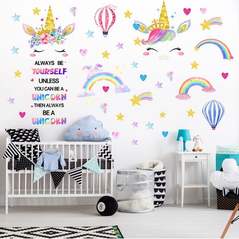 Lot de 3 stickers muraux licorne arc-en-ciel montgolfière pour salon ou chambre (1/5)