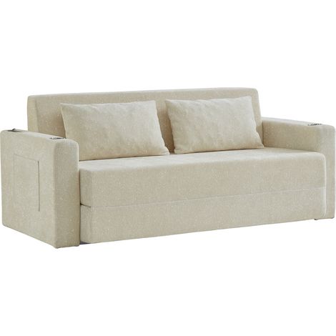 Canapé-lit 2 places convertible gain de place avec USB, porte-gobelets, poches latérales et 2 coussins, tissu texturé beige pour salon et studio - CHICFURN (1/5)
