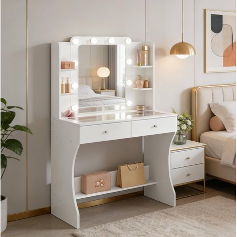 Schminktisch mit Spiegel und LED, transparentem Glas, 2 Schubladen, Weiß HAVRYA (1/5)