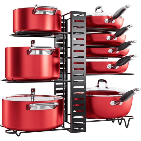 Organiseur 8 Niveaux Suspendu pour Casseroles Rangement de cuisine ajustable avec 3 installations. Structure acier noir robuste, idéal sous placard pour un gain d'espace (1/5)