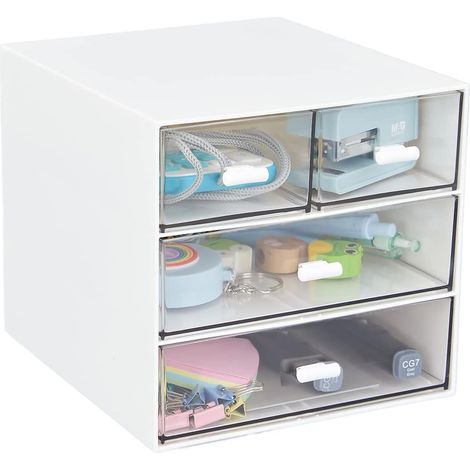 Boîte De Rangement De Bureau - 4 Tiroirs Transparent En Abs - Pour Stylos Crayons Marqueurs Et Petits Objets - Blanc - Lot De 1 (1/5)