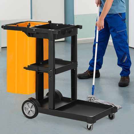Chariot Nettoyage Sac Roues Étagères Hôtel Rangement Travail Noir Jaune 121x50,5x96,5cm