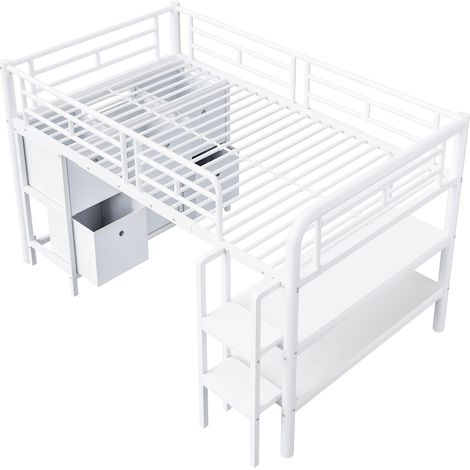Lit mezzanine enfant 90x200 cm en métal blanc avec rangement et escalier large (1/5)