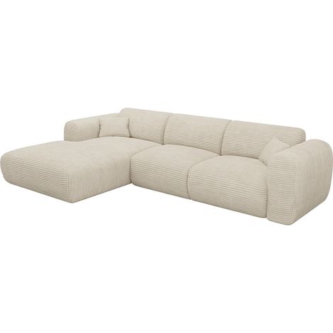 Vente-Unique – Canapé d'angle gauche 5 places en velours côtelé beige – Structure bois – Confort équilibré – Coussins déhoussables – Gamme Corner Prestige (1/5)