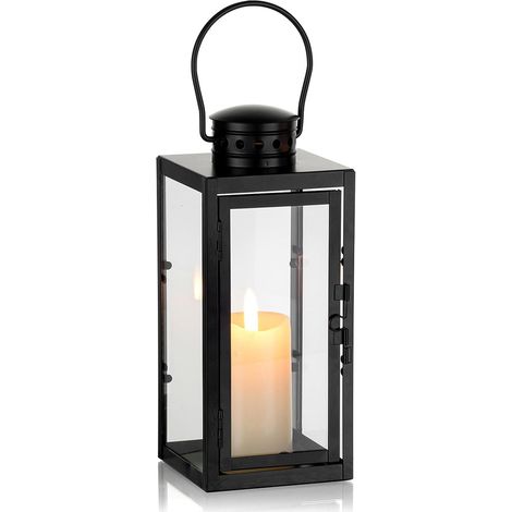 Farol de exterior negro para velas, faroles de metal de 24 cm para exteriores, candelabro negro sencillo, candelabro portátil de hierro forjado. (1/5)