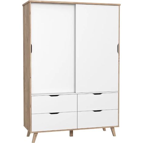 Armoire 2 portes coulissantes 4 tiroirs décor chêne et blanc - ALBANE (1/5)