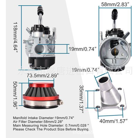 A 2-stroke red carburetor with a 58mm air filter and intake manifold is suitable for 47cc and 49cc compact bicycles/ATVs. (1/4)