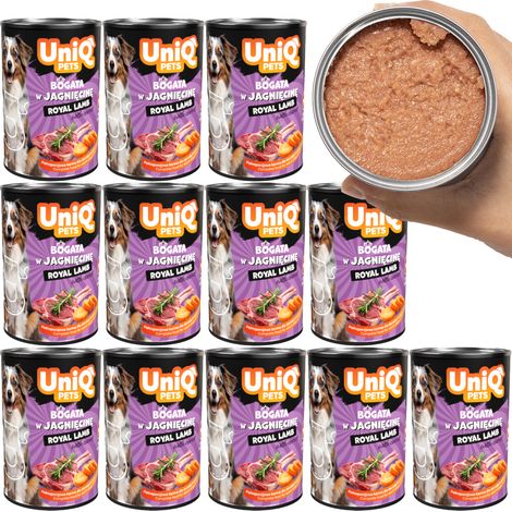 Cibo umido per cani UniQ Pets Royal Lamb in lattina, 4,5 kg (375 g x 12)