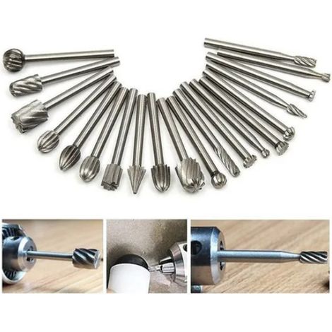 Lot de 20 petites limes rotatives pour le travail du bois, 3 mm, en acier rapide, finition argentée. (1/5)