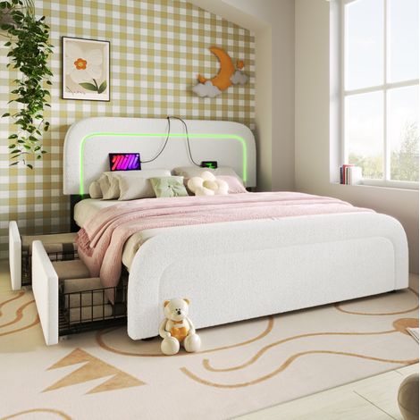 Doppelbett 160x200 cm aus weißem Plüschstoff, 4 Schubladen, Matratze – MEUBLIV (1/5)