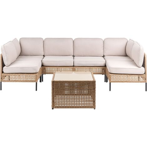 Divano modulare da giardino a forma di U in rattan PE con tavolino in vetro 6 posti struttura in metallo con cuscini beige chiaro OMEGANA