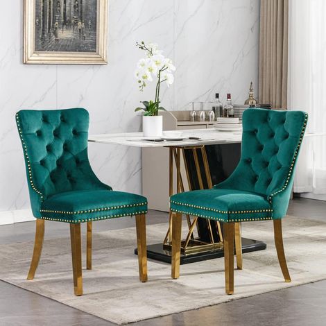 Lot de 2 chaises de salle à manger, velours avec dossier haut, pieds en acier inoxydable doré, vert (1/5)