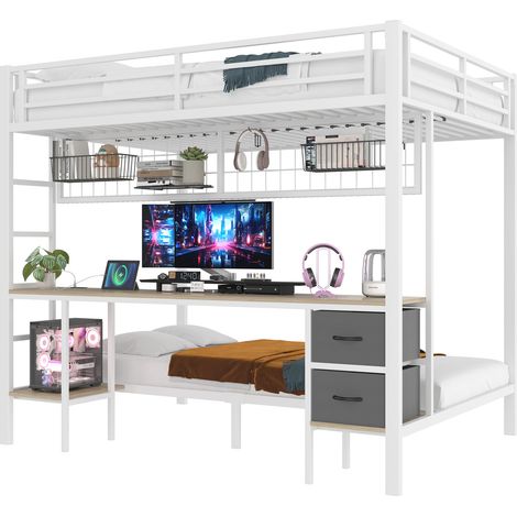 Lit mezzanine 140 x 200 en métal avec bureau, tiroirs, étagères, panneau suspendu, LED 7 couleurs et USB, sans matelas, blanc CHICFURN (1/5)