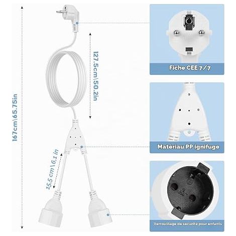 Extension Cable with 2 Sockets, 16 A 250 V, Extension Cable with Contact Protection, Power Extension Cable for Home, Office, Shop, Work (White) (1/4)