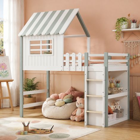 DESMIU Lit cabane enfant 1 place avec barrière de sécurité et étagère, 90 × 200 cm, sans matelas, vert