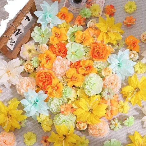 Rose artificiali, in seta, decorazione realistica, colore giallo, arancione e verde, 20 pezzi (1/2)