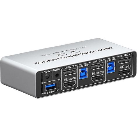 Commutateur KVM 2.1 compatible HDMI 8K 2x2, commutateur double écran compatible DP+HDMI 8K, double entrée, double sortie, prise standard européenne. (1/5)