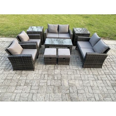 Fimous 8 Seater Dark Grey Mixed High Back Rattan Sofa Set Coffee Table Garden Furniture Outdoor Patio With Love Sofa Arm Chairs 2 Small Footstools 2 Side Tables (1/4)