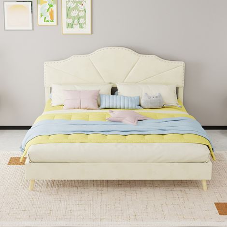 Lit moderne minimaliste moelleux 160x200 cm beige, tête de lit rembourrée confortable, cadre bas sans vérin, meuble chambre multifonctionnel (1/4)