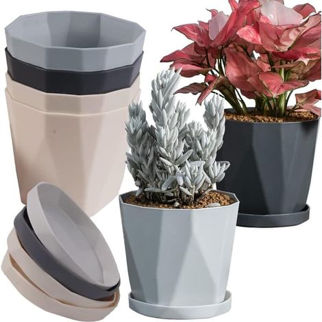 Pots de fleurs en plastique pour usage intérieur et extérieur, ensemble de 6 pièces de 12,7 cm (5 pouces) avec trous de drainage et tonneau, adaptés au jardinage (ensemble de 6 pièces de 12,7 cm [5 po (1/5)