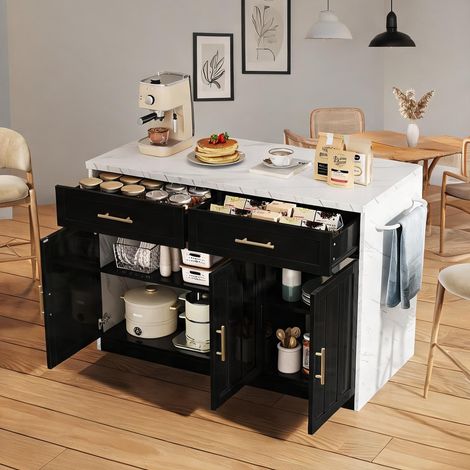 Îlot central de cuisine noir avec prises et USB 120 x 60 x 91 cm (1/5)